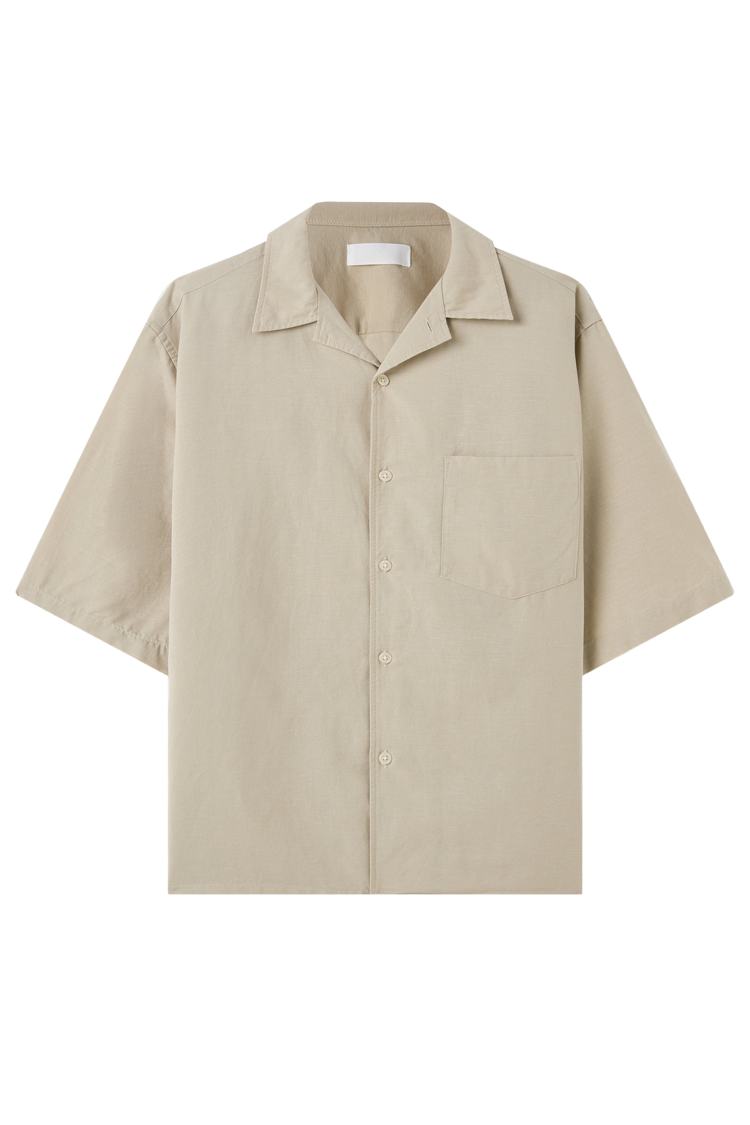 La Forbie Áo sơ mi nam vải linen tay ngắn cổ camp, túi ngực